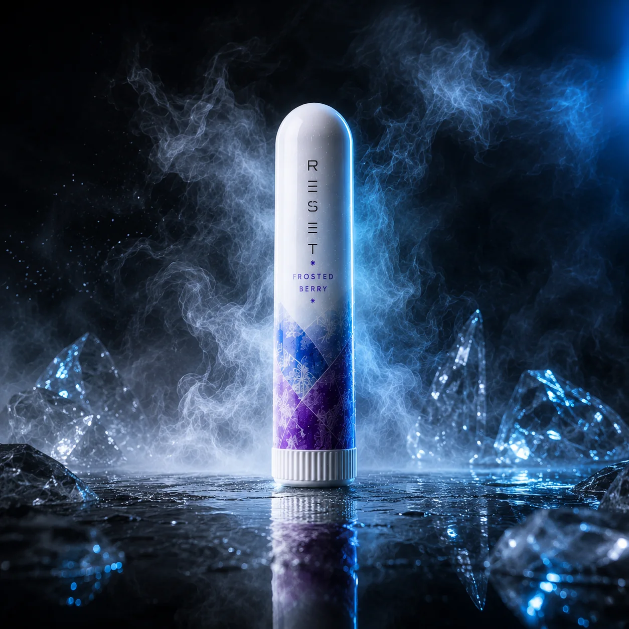 RESET Frosted Berry campaign image with ice crystals and cool mist
