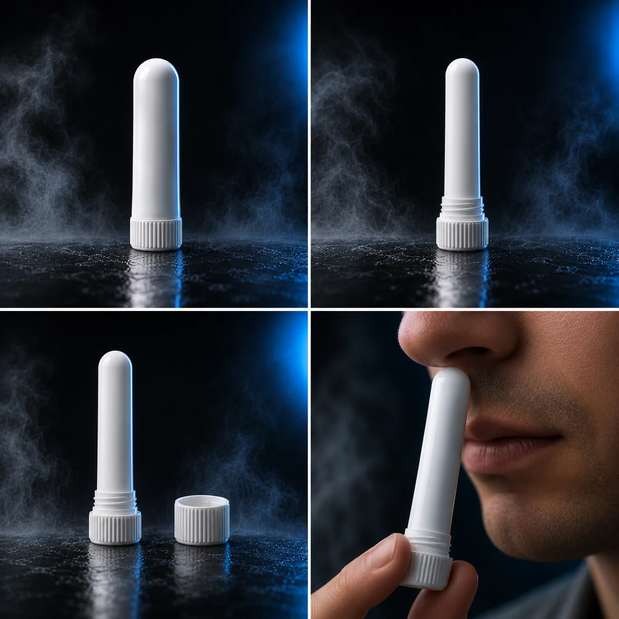 Four-step concept showing the RESET stick closed, opened, with cap removed, and held near the nose