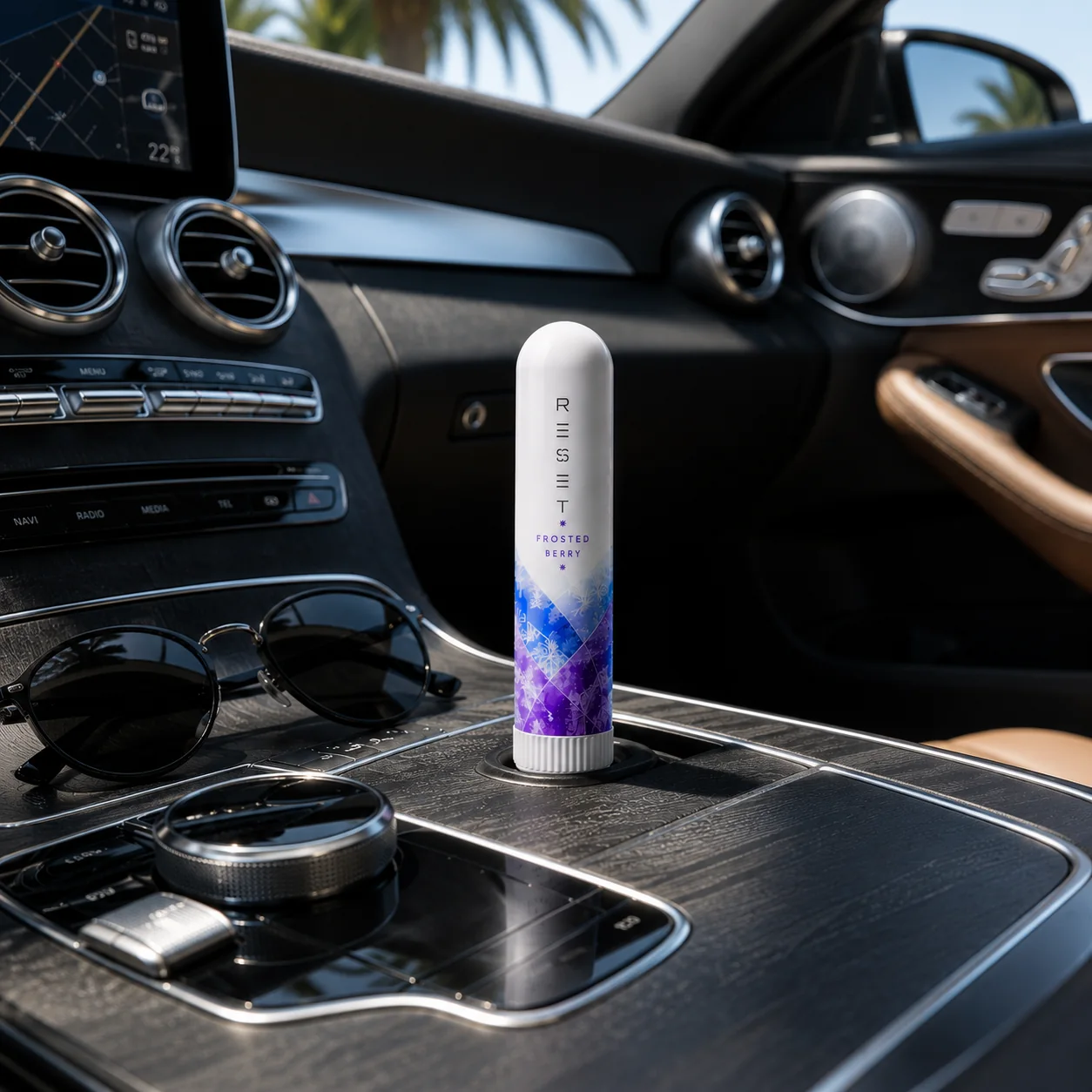 RESET Frosted Berry in a modern luxury car interior