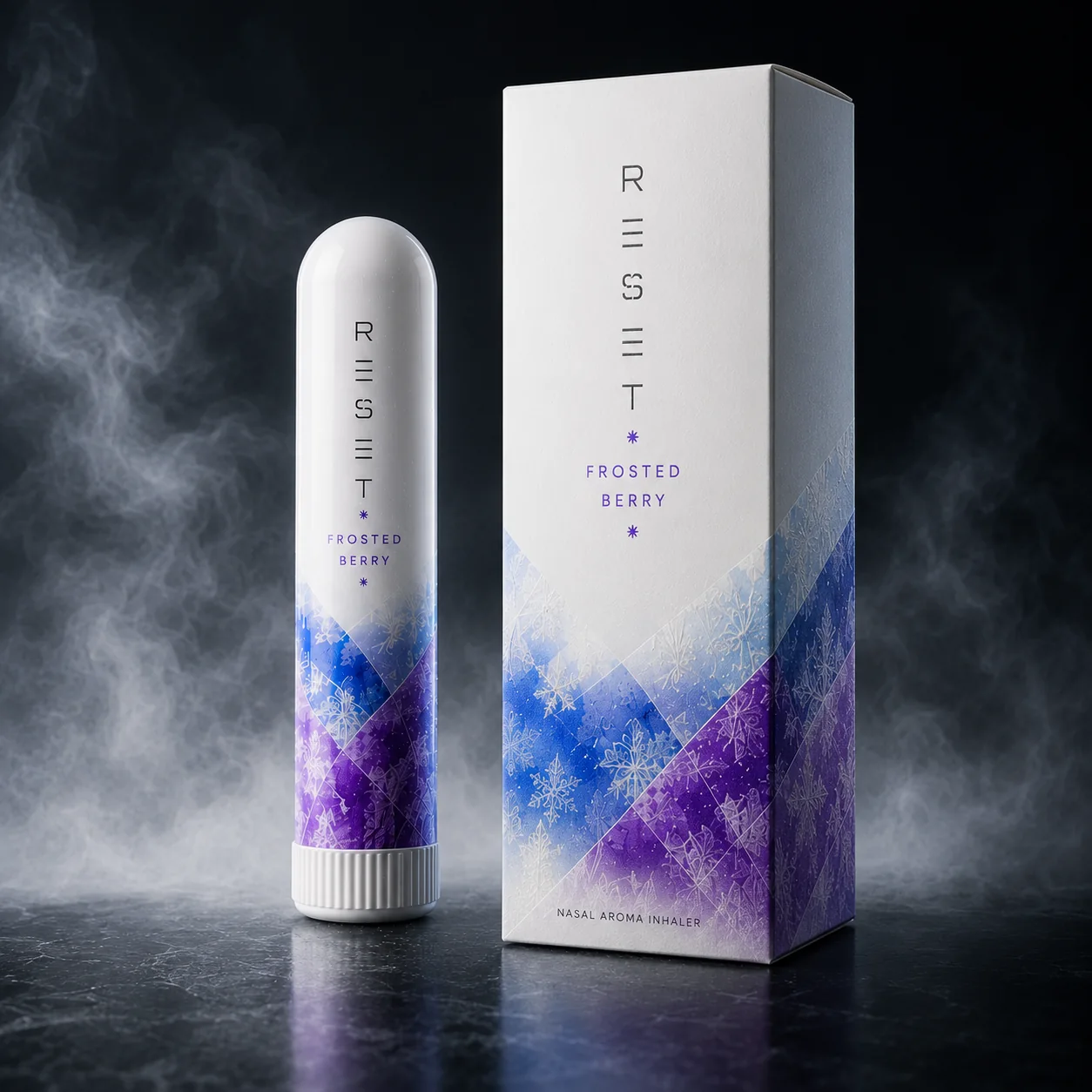 RESET Frosted Berry packaging concept beside the aroma stick
