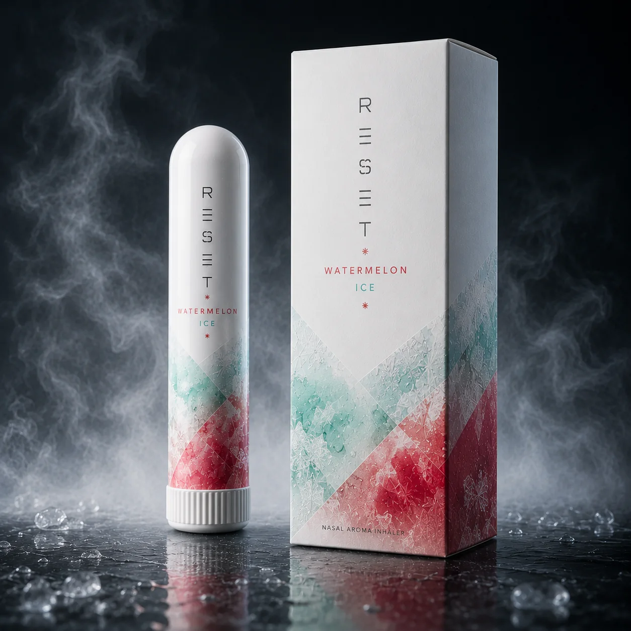 RESET Watermelon Ice packaging concept beside the aroma stick